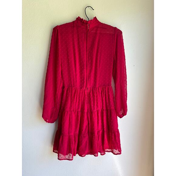 Mi Ami Womens Mini Dress Clip Dot Tiered Ruffle Neck Long Sleeve‎ Red Small - Picture 2 of 6